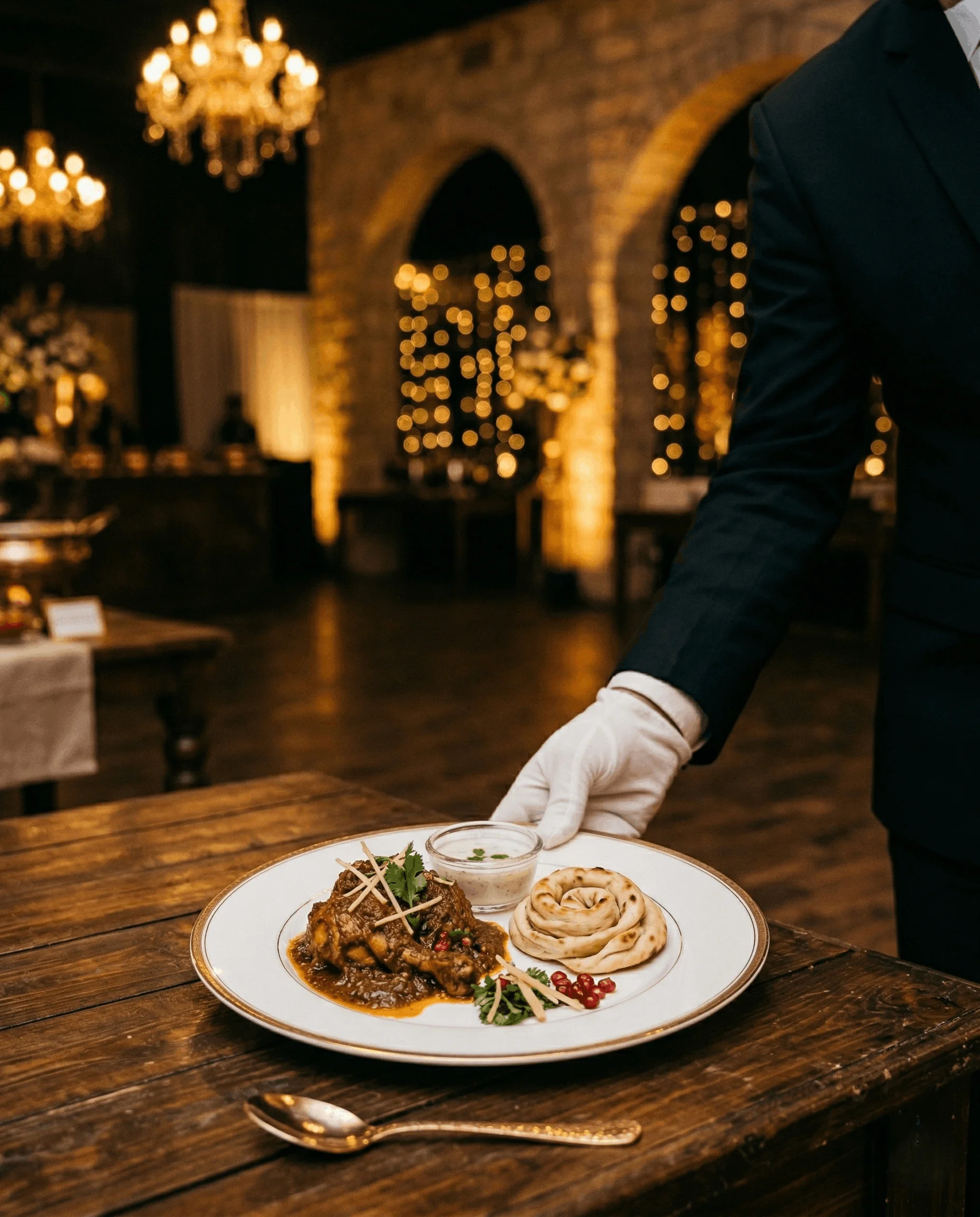 Professional catering server presenting a dish with white gloves